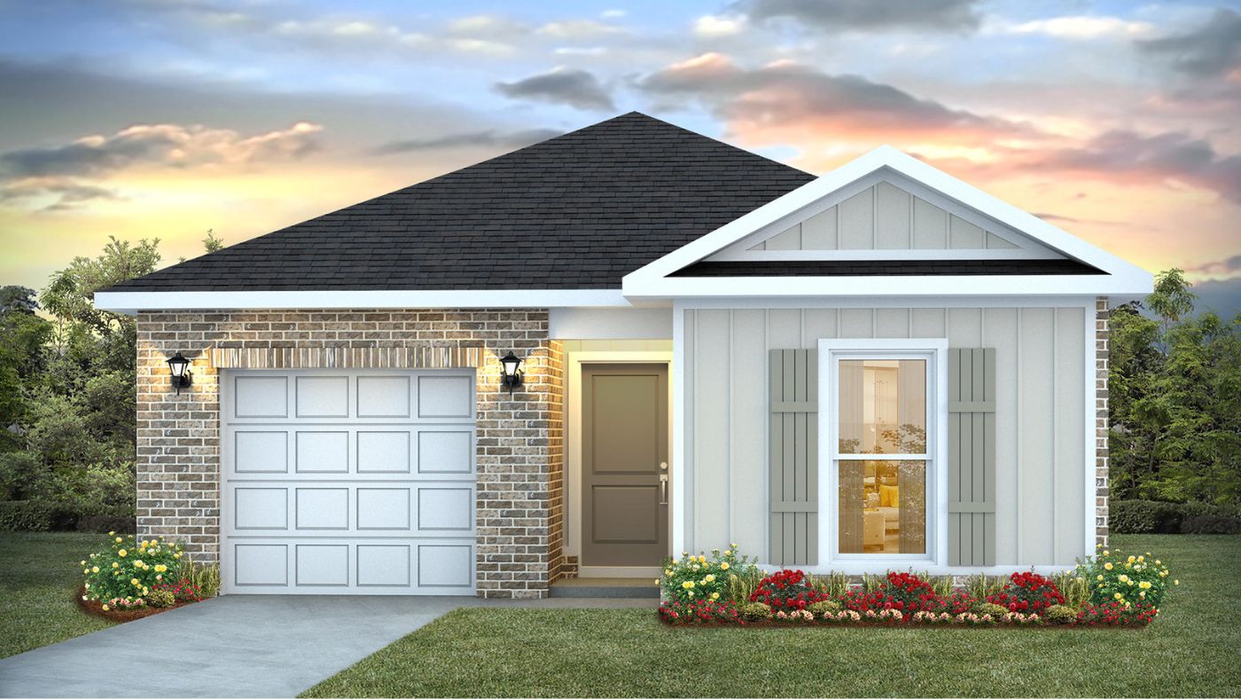 Single-story home rendering with a single car garage.