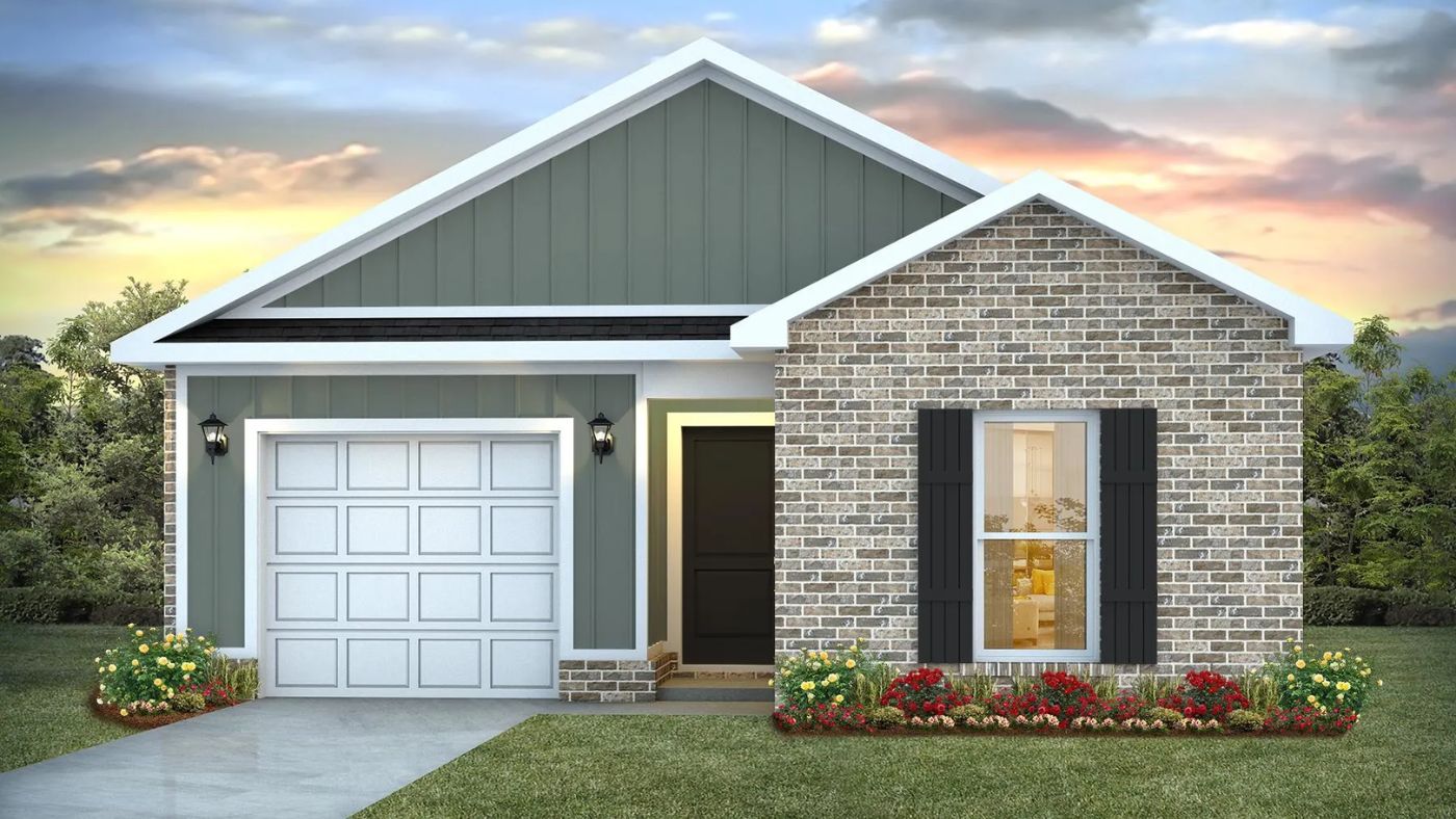 Single-story home rendering with a single car garage.