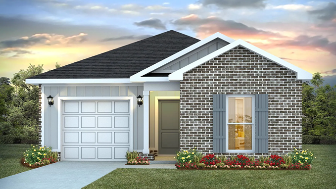 Single-story home rendering with a single car garage.