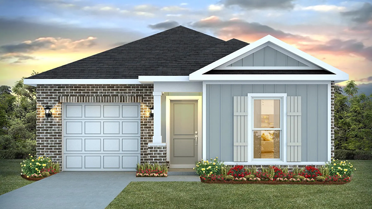 Single-story home rendering with a covered entryway and single car garage.