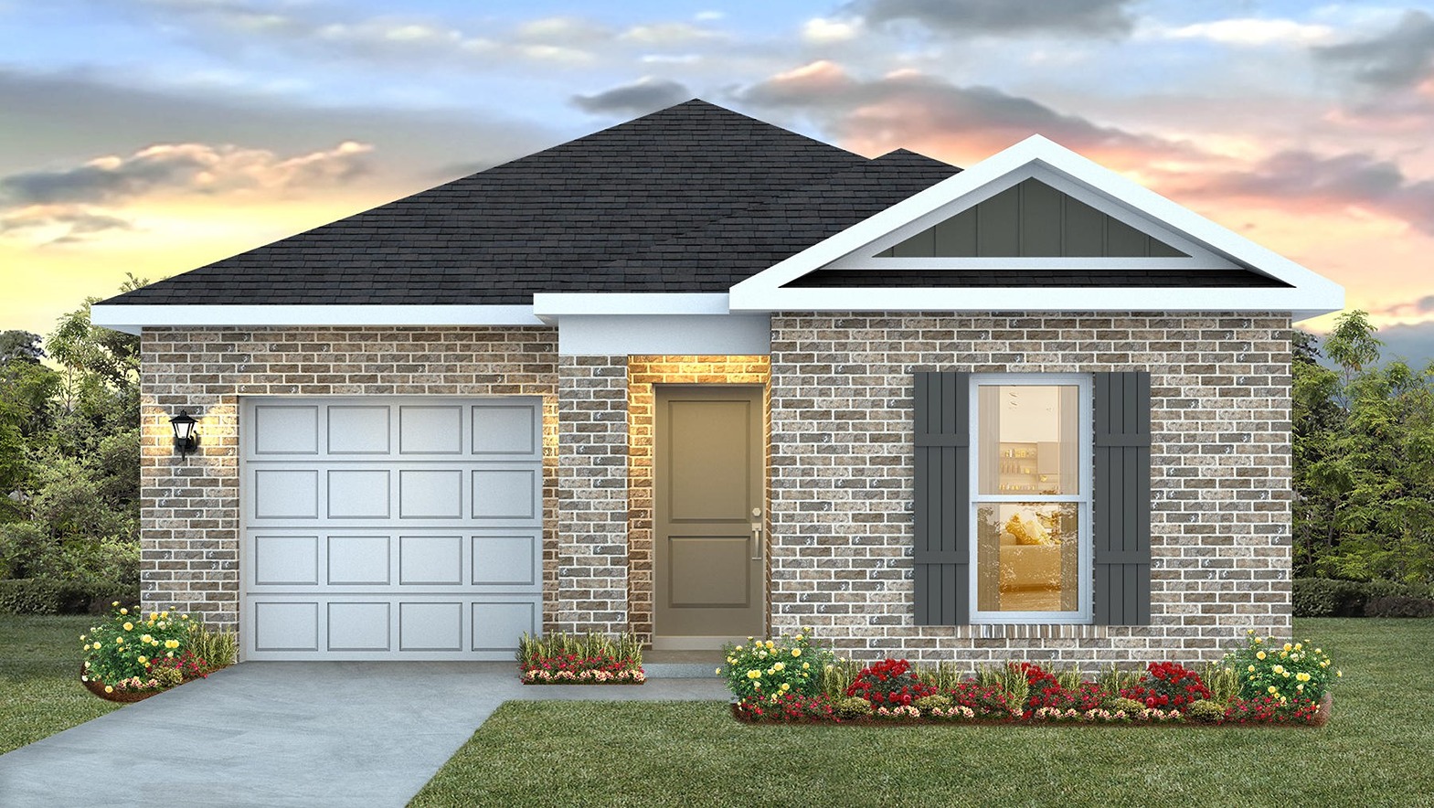 Single-story home rendering with a covered entryway and single car garage.