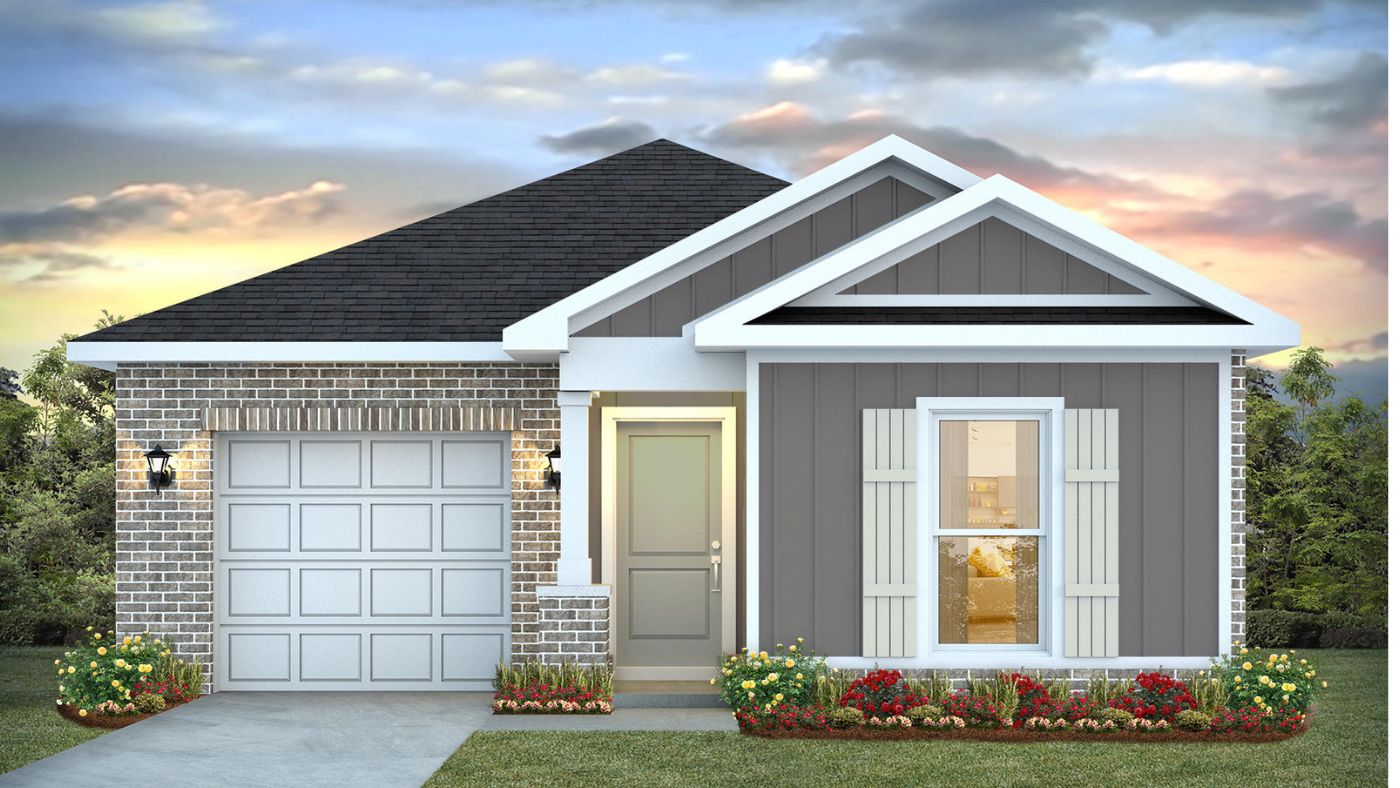Single-story home rendering with a covered entryway and single car garage.