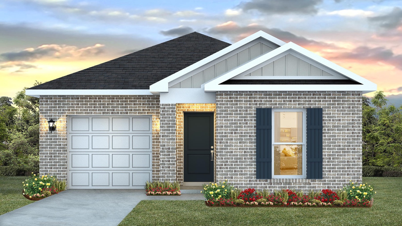 Single-story home rendering with a covered entryway and single car garage.