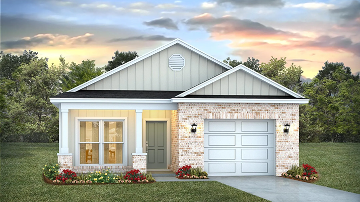 Single-story home rendering with covered entry and a single car garage.