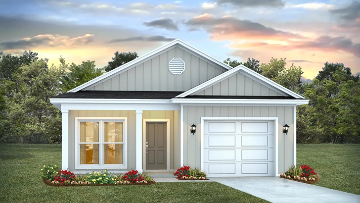 Single-story home rendering with covered entry and a single car garage.