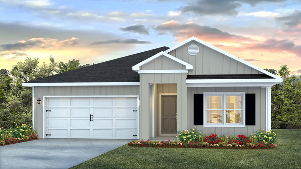 Single-story home rendering with board and batten and a 2-car garage.