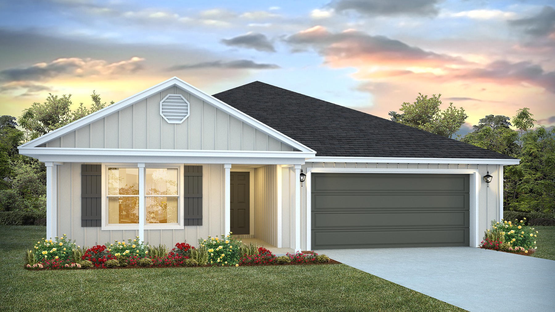 Single-story new home rendering with a covered front porch and two-car garage.