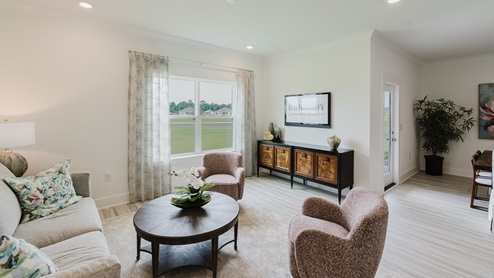 Spacious living room illuminated by natural light