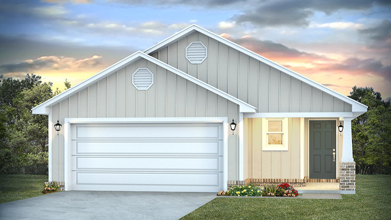 Single-story home rendering with board and batten exterior, a brick water table, and two-car garage.