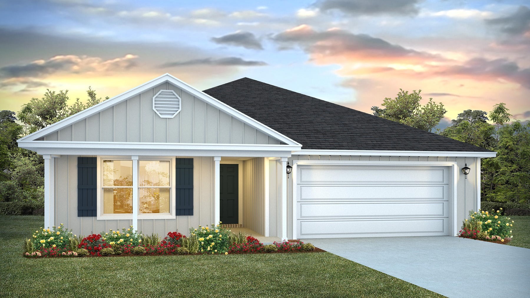 Single-story home rendering with a covered front porch and two-car garage.