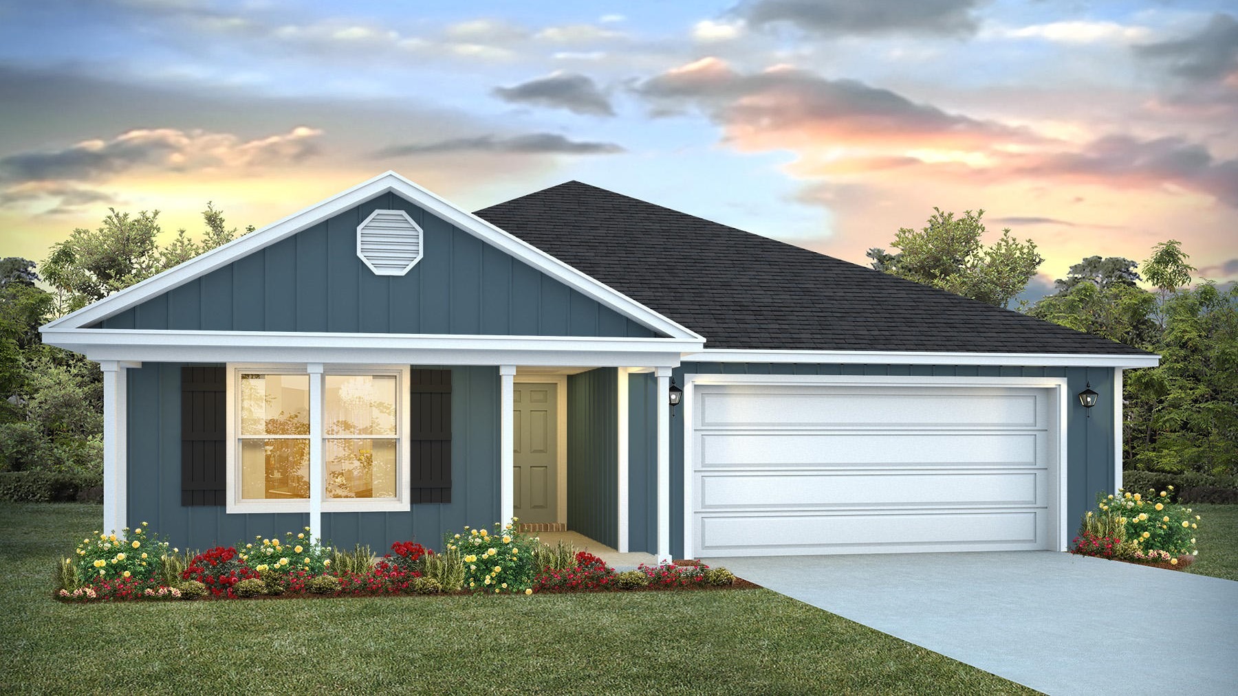 Single-story home rendering with a covered front porch and two-car garage.