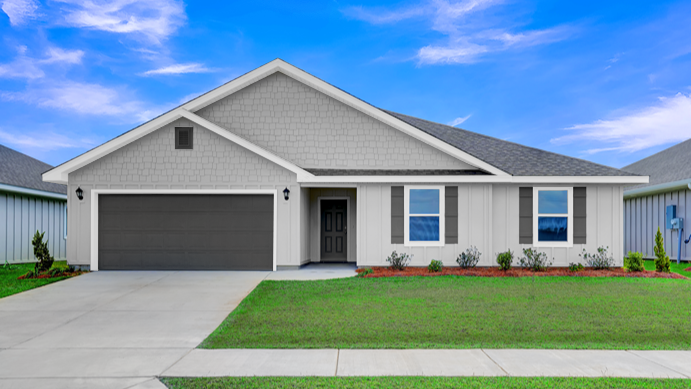 One-story new home with board and batten exterior and a two-car painted garage.