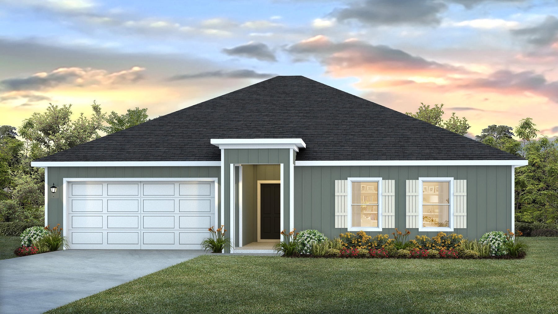 Single-story home rendering with a two-car garage.