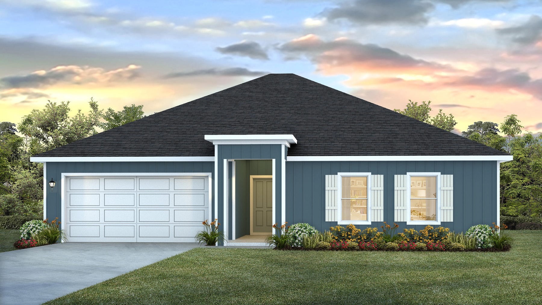 Single-story home rendering with a two-car garage.