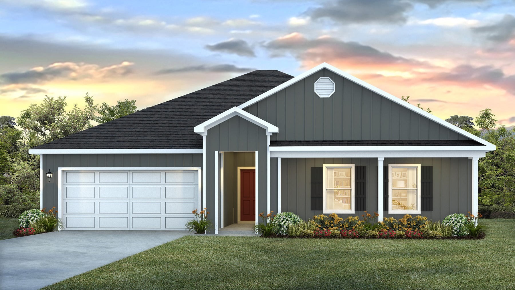 Single-story home rendering with a two-car garage.