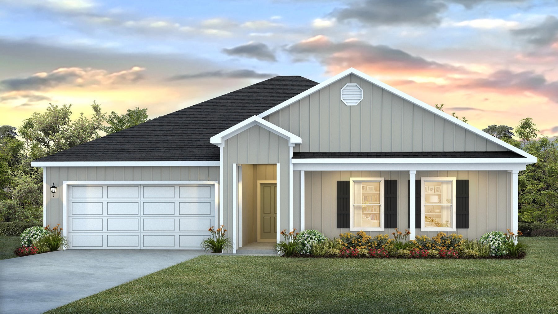 Single-story home rendering with a two-car garage.