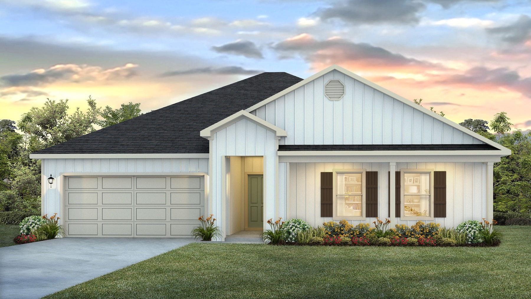 Single-story home rendering with a two-car garage.