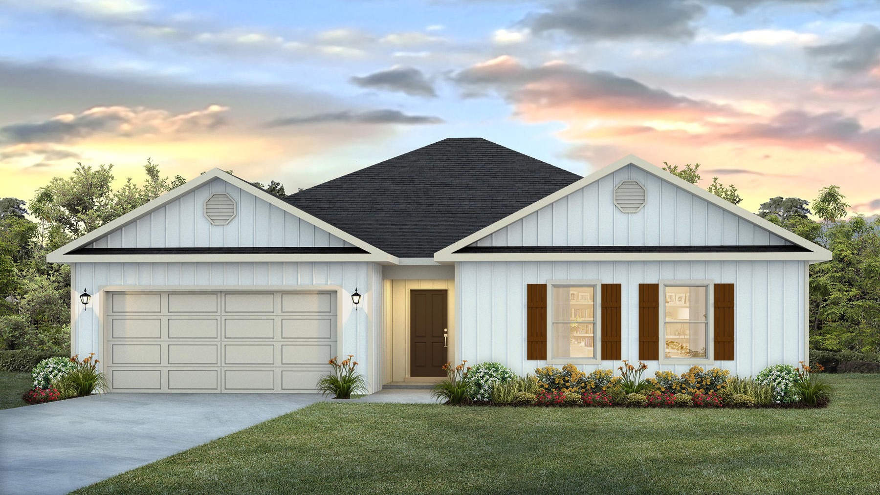 Single-story home rendering with a two-car garage.