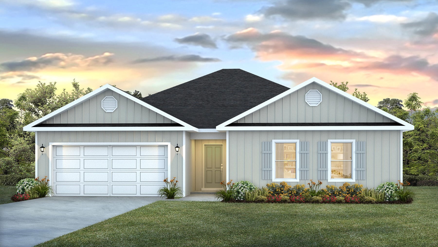 Single-story home rendering with a two-car garage.