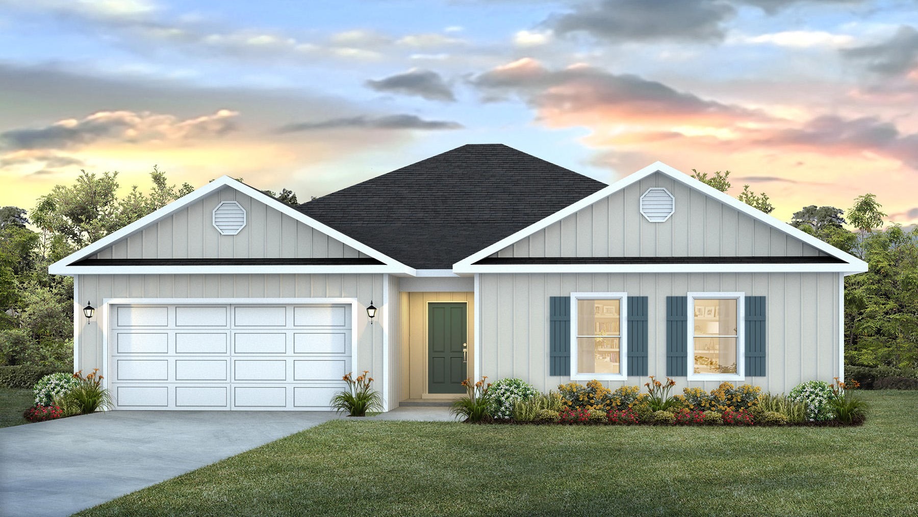 Single-story home rendering with a two-car garage.