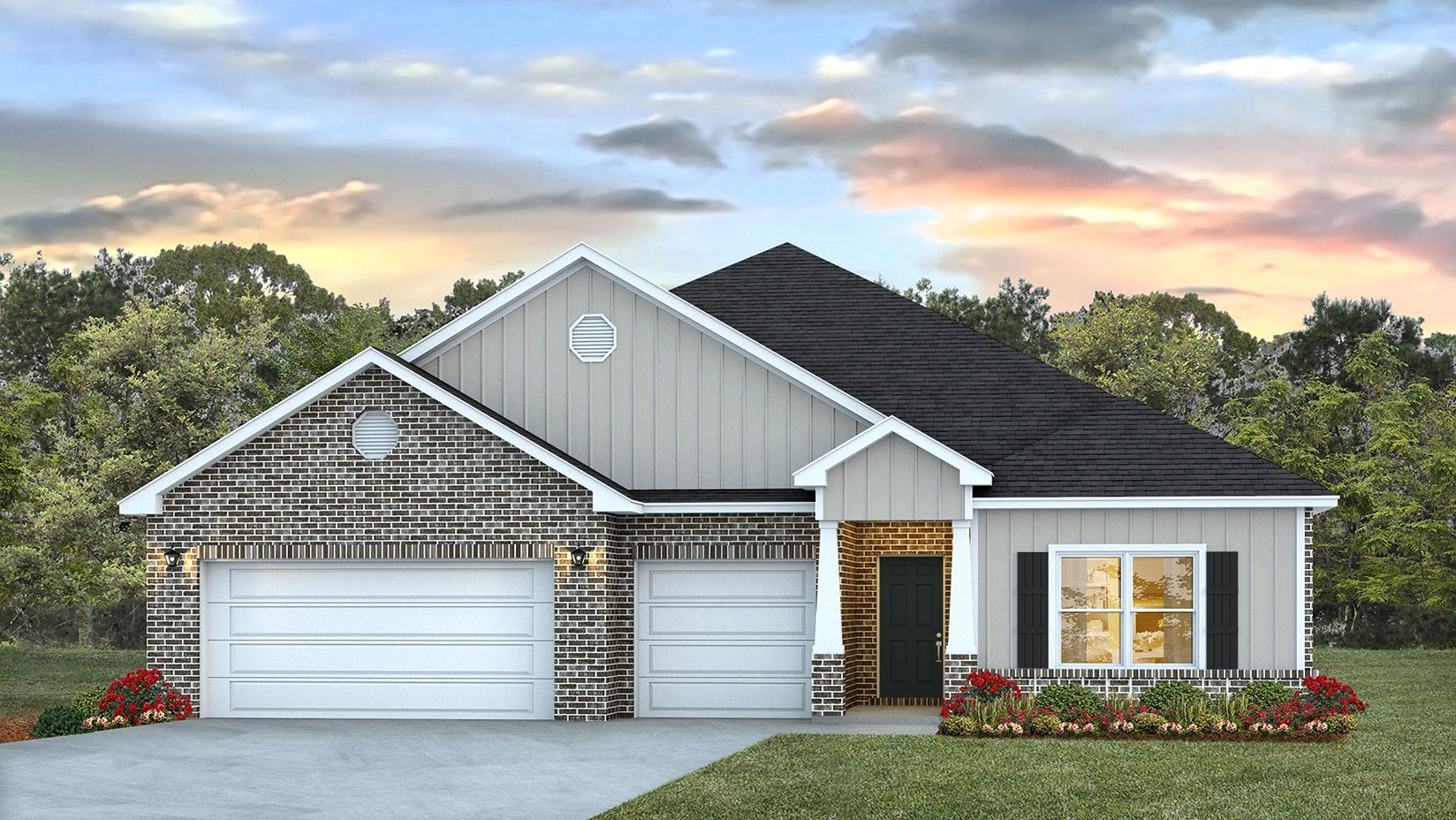 Exterior rendering of single-story new home with a three-car garage.