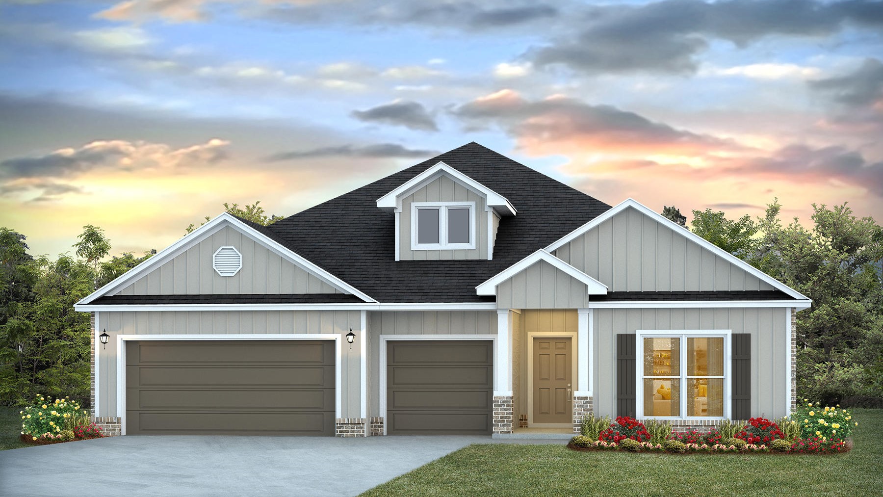Exterior rendering of single-story new home with a dormer and three-car garage.