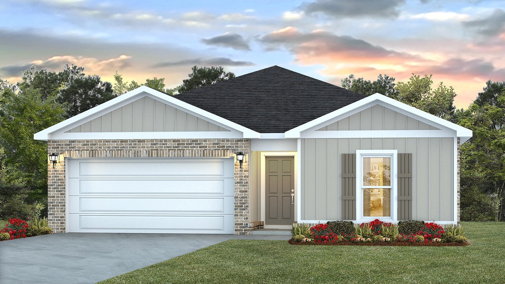 Single-story home rendering with board and batten exterior, brick accents, and a two-car garage.