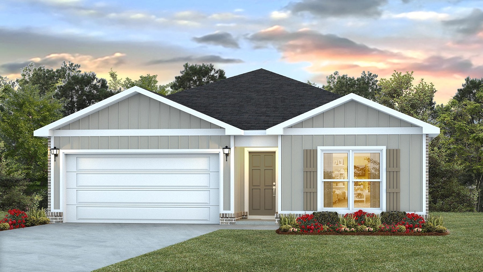 Single-story home rendering with board and batten exterior, brick accents, and a two-car garage.
