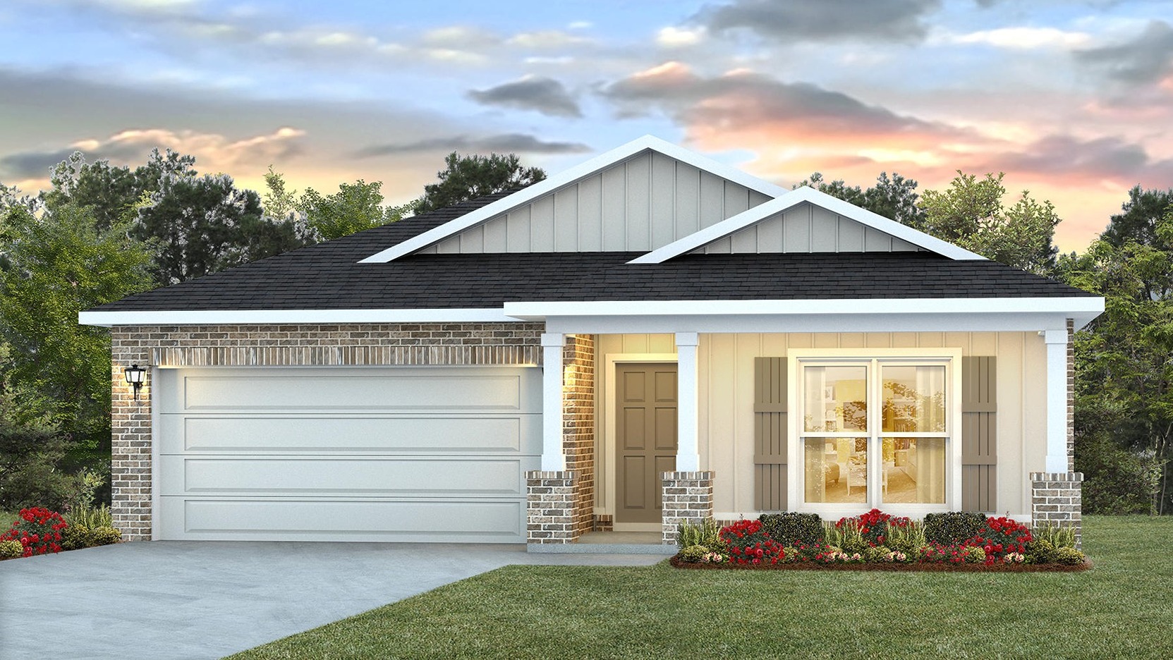 Single-story home rendering with board and batten exterior, brick accents, and a two-car garage.