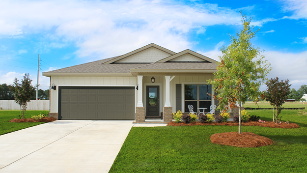 Single-story home with board and batten exterior, brick accents, a covered front porch, and 2-car garage.