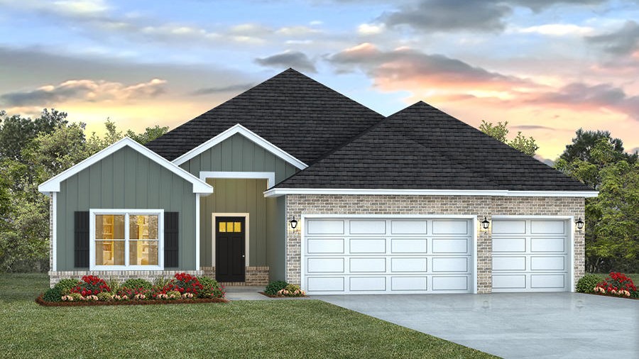 Single-story rendering of a new home with brick accents and a 3-car garage.