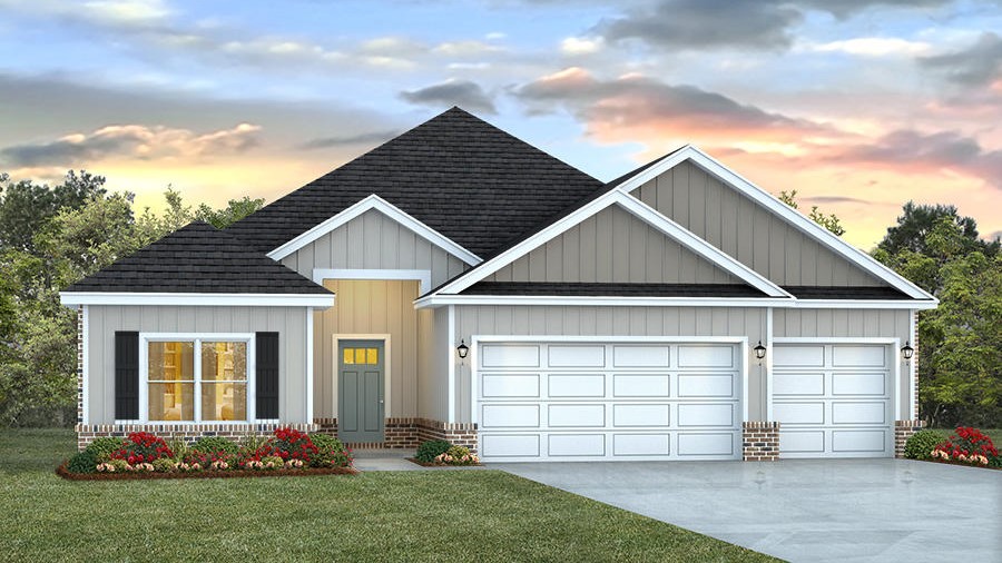 Single-story rendering of a new home with brick accents and a 3-car garage.