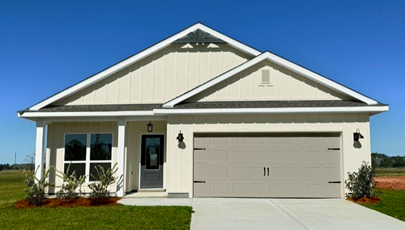 One-story home with a covered front porch and 2-car garage.
