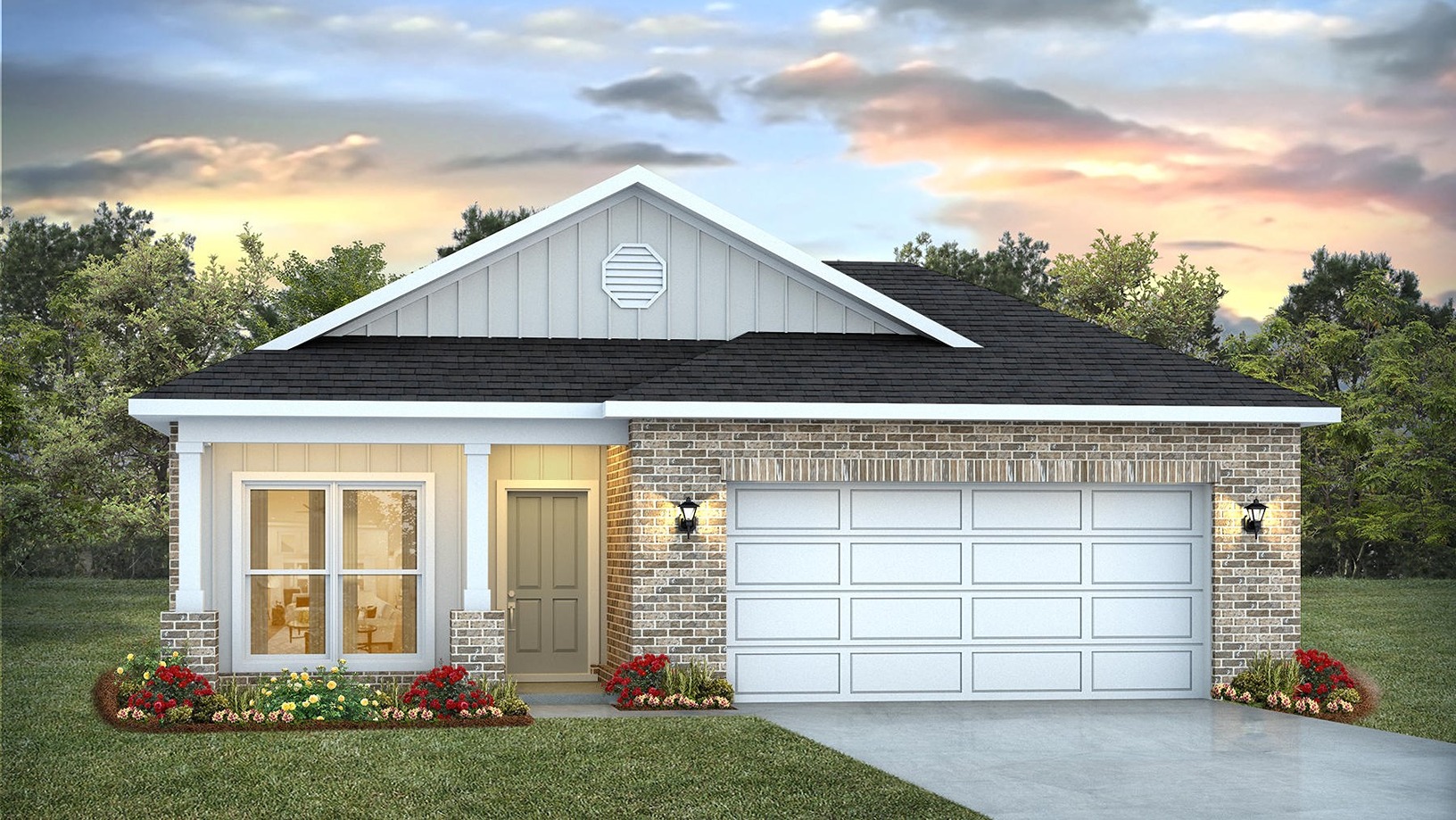 Single-story home rendering with a 2-car garage.