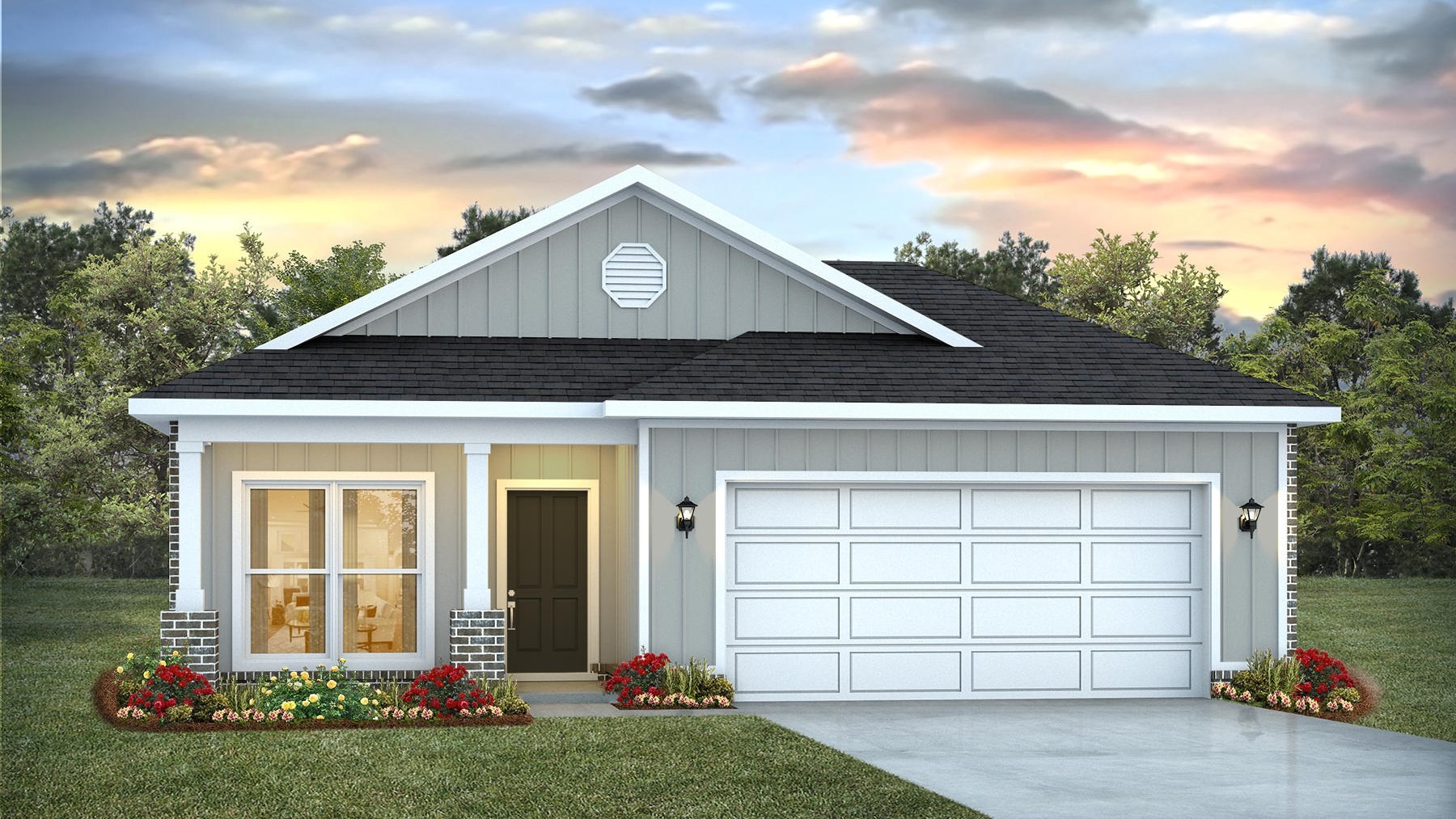 Single-story home rendering with a 2-car garage.