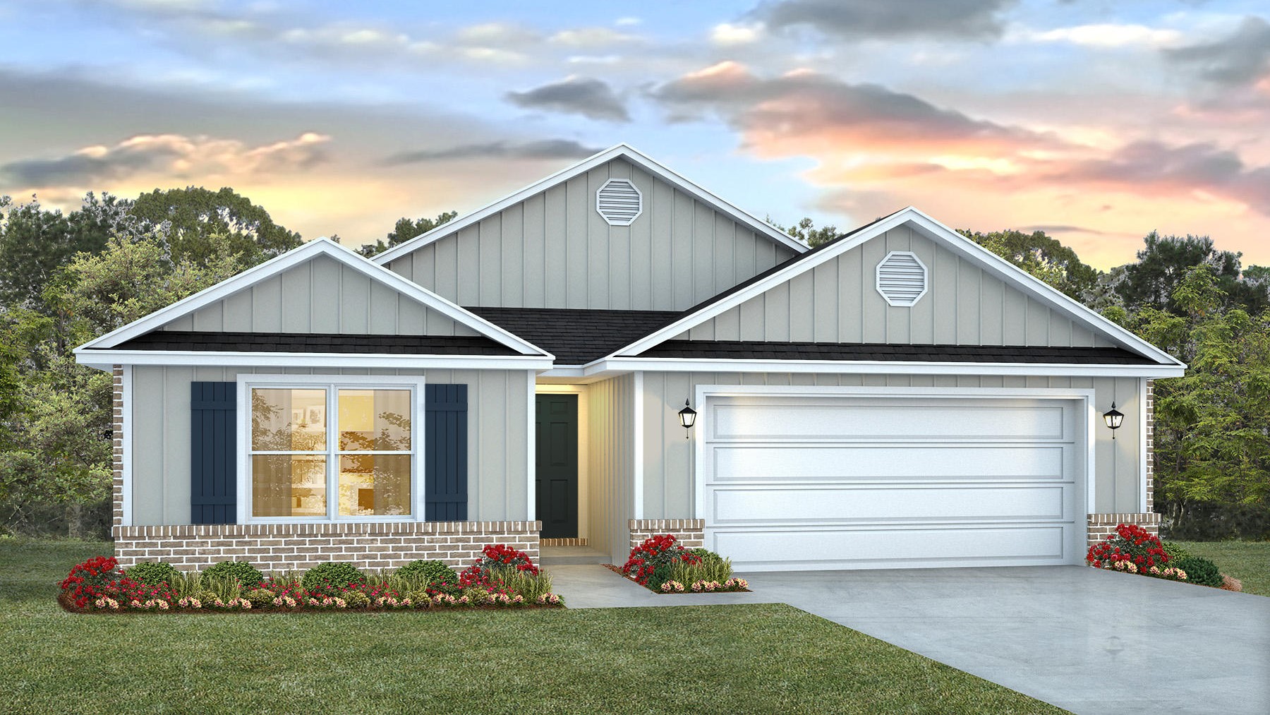 One-story home rendering with a two-car garage.