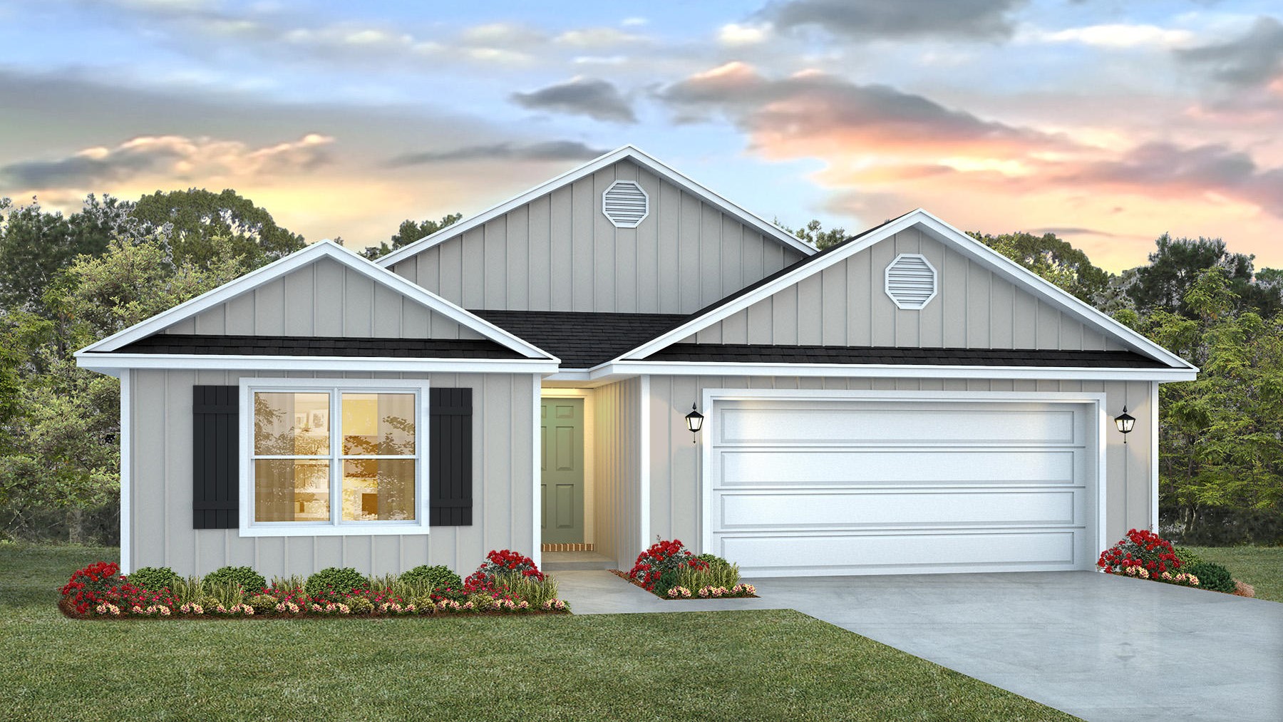 One-story home rendering with a two-car garage.