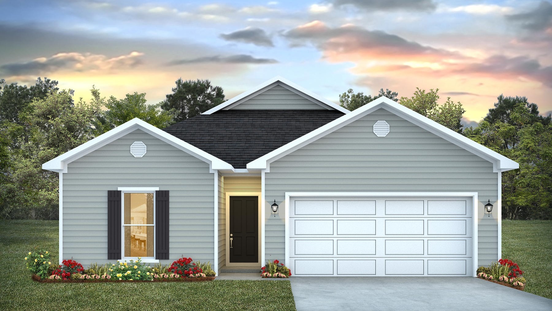 Single-story home rendering with a 2-car garage.