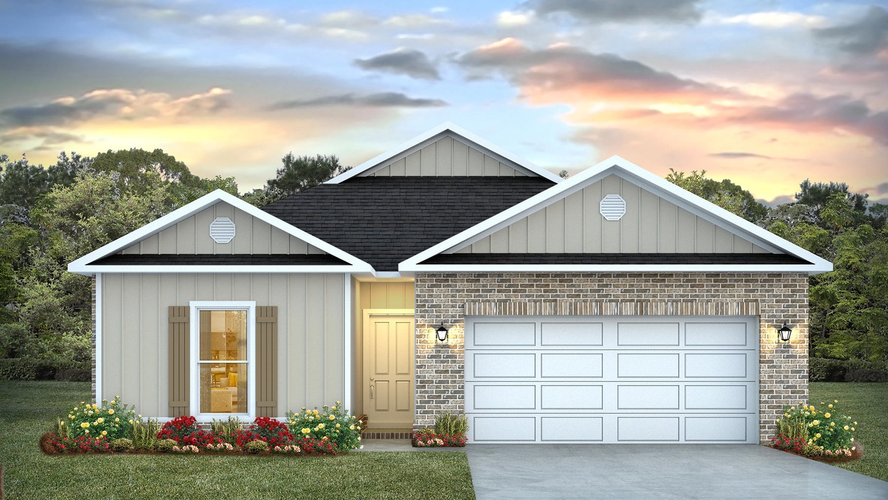 Single-story home rendering with a 2-car garage.
