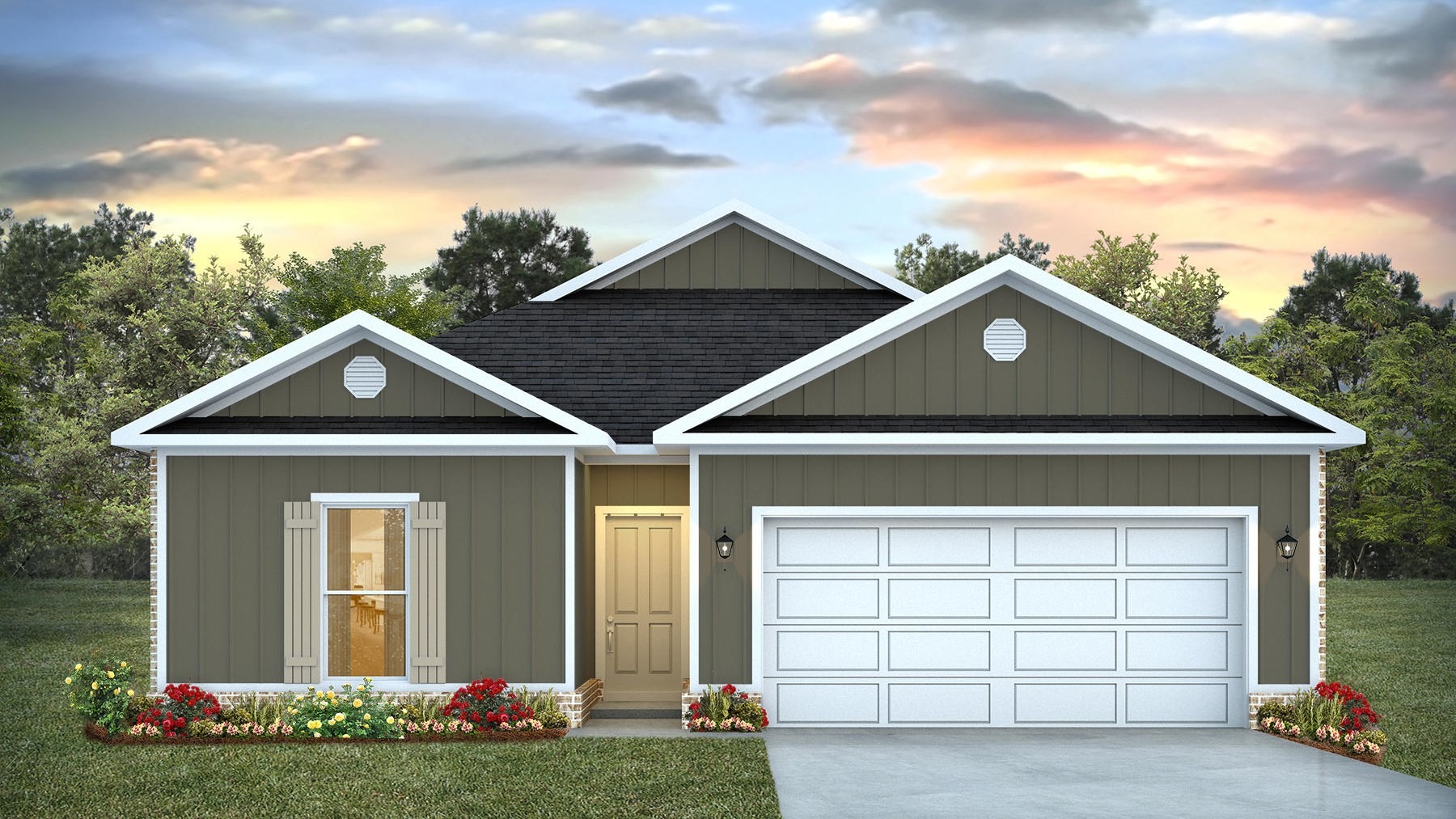 Single-story home rendering with a 2-car garage.