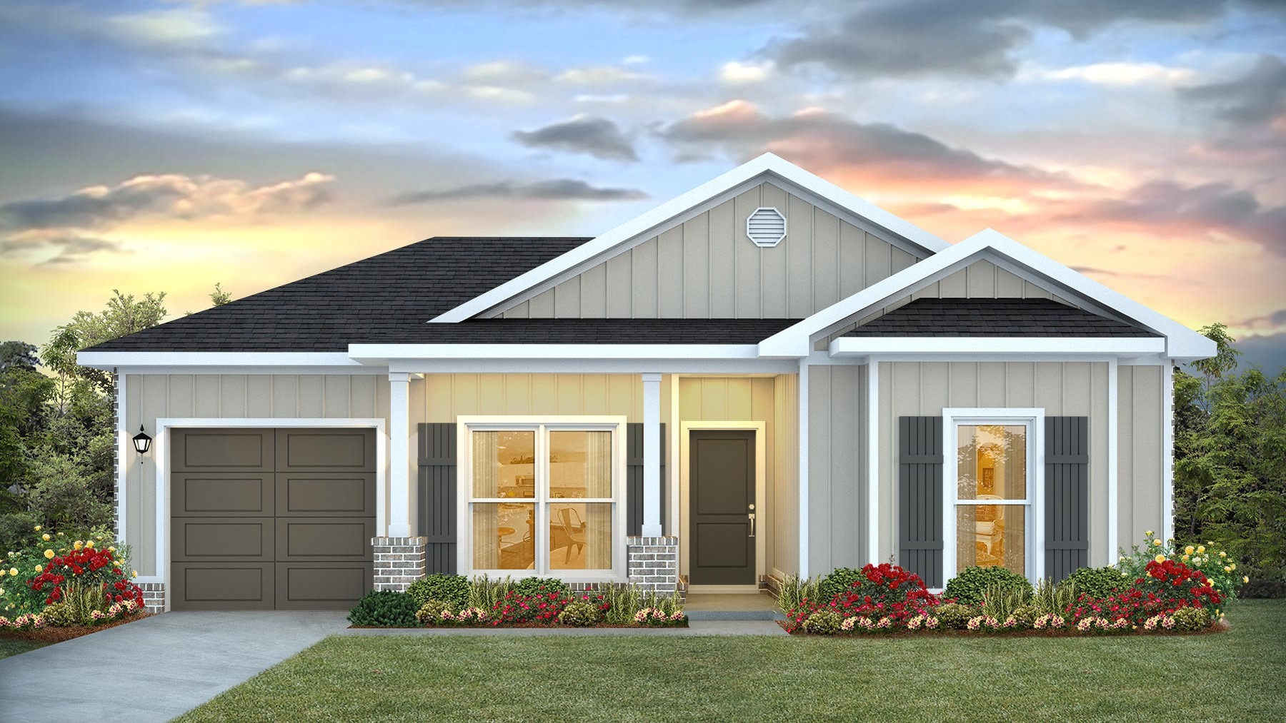 Single-story home with a covered front porch and one-car garage.