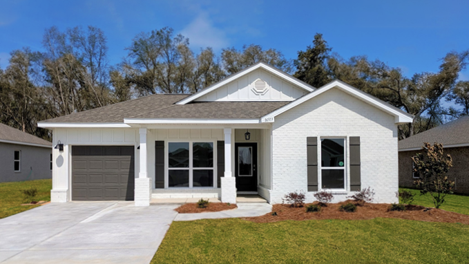 Single-story brick home with a covered front porch and one-car garage.