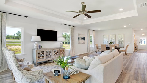 Open den with tray ceiling.