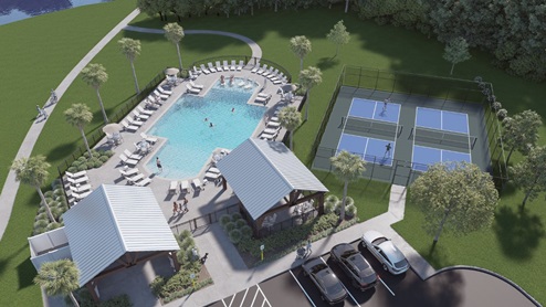 Harvest Green East Amenity Center with patio, pool and pickleball courts.