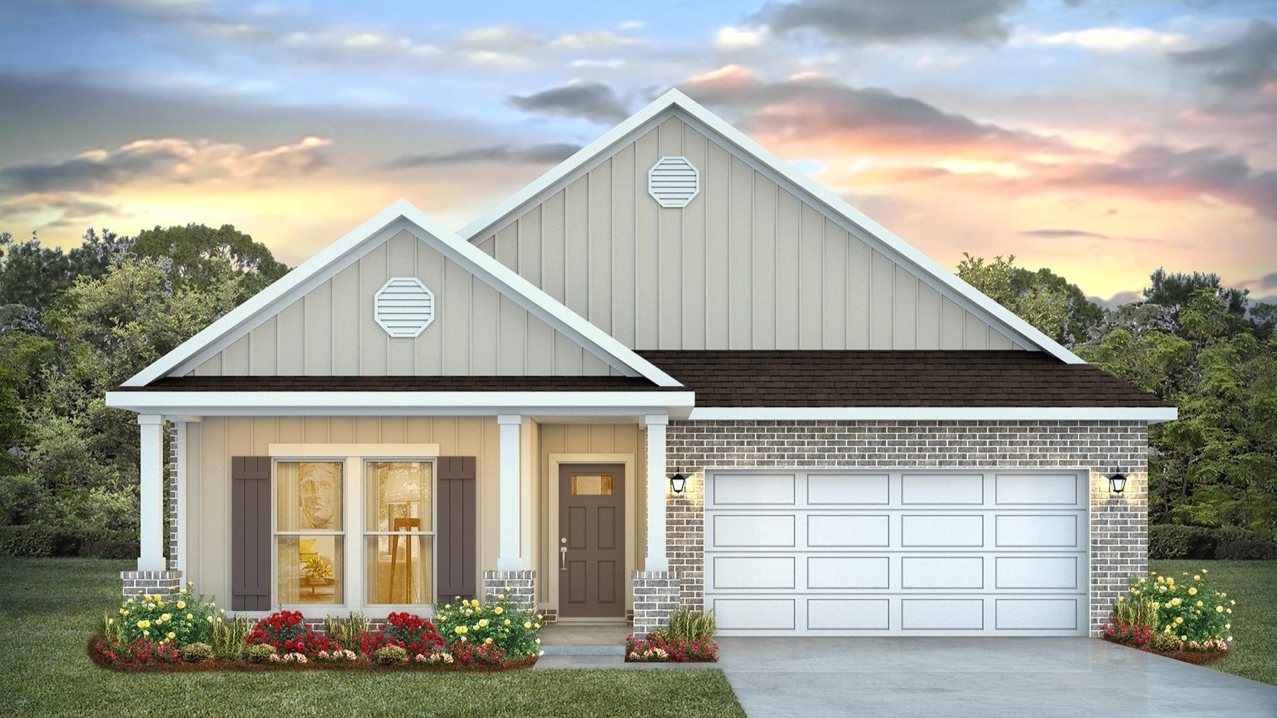 Single-story home rendering with a two-car garage.