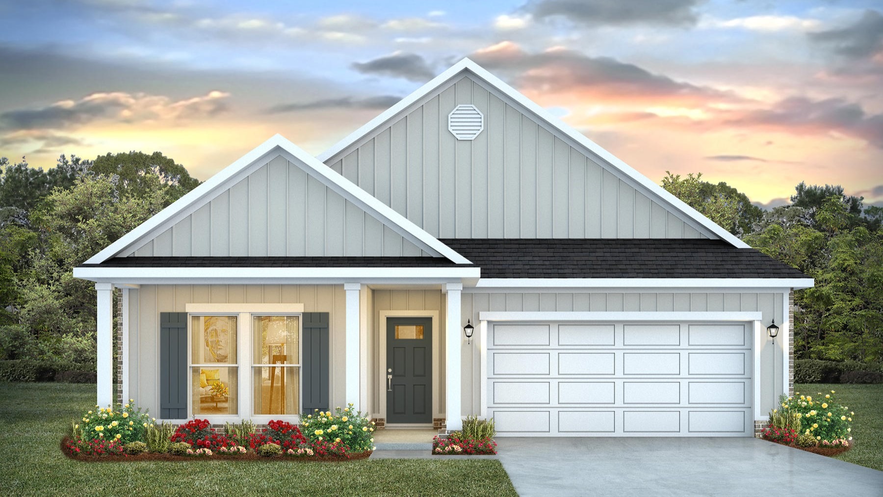 Single-story home rendering with a two-car garage.