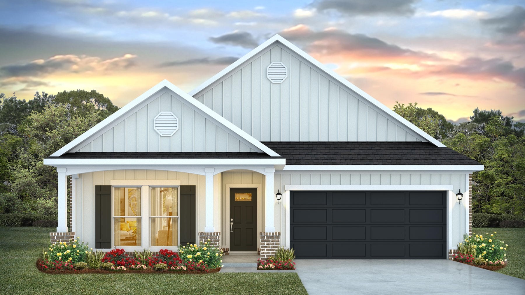 Single-story home rendering with a two-car garage.
