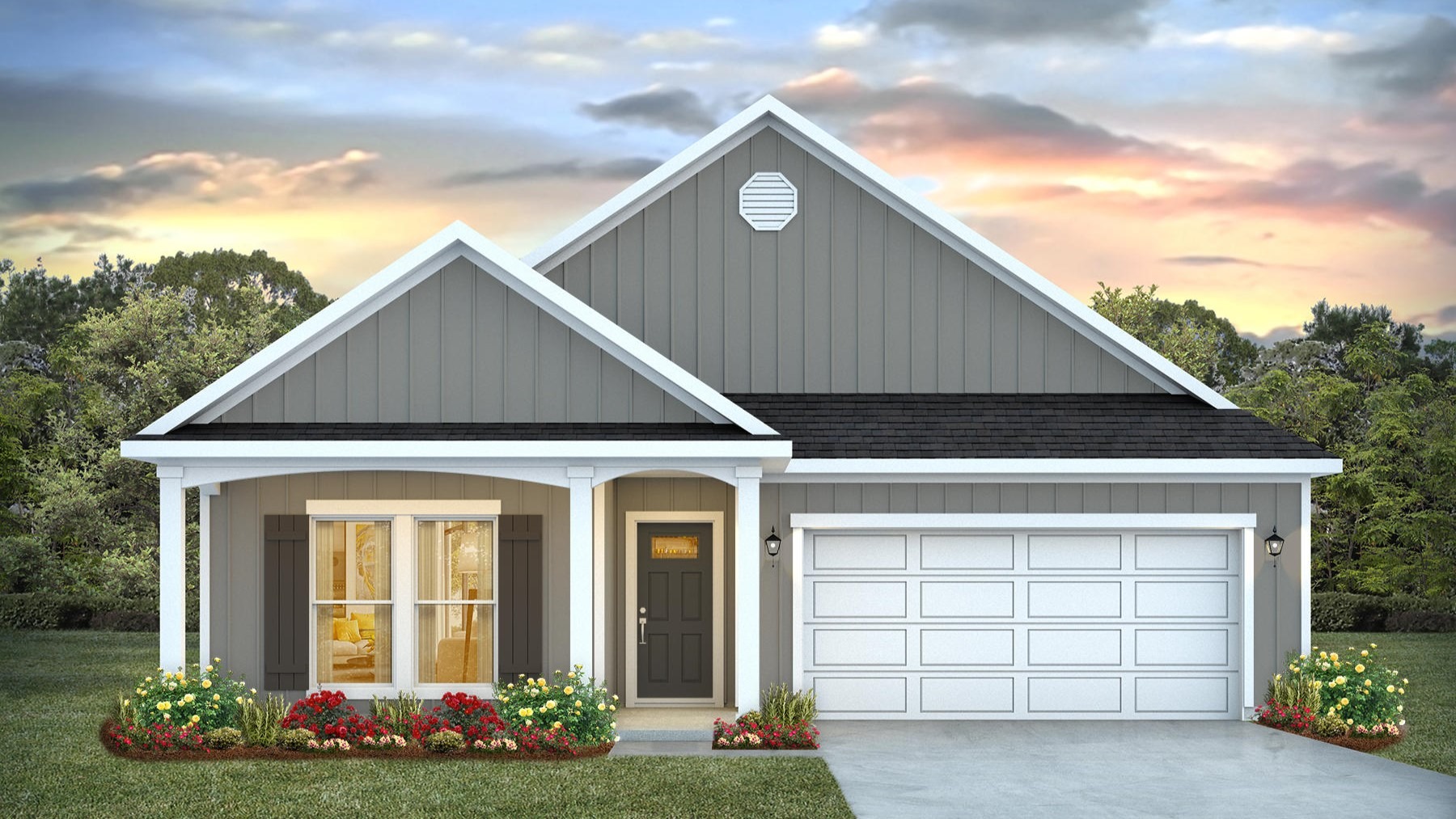Single-story home rendering with a two-car garage.