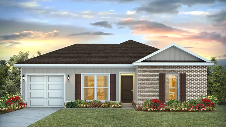 Single-story home with brick, windows, garage and driveway