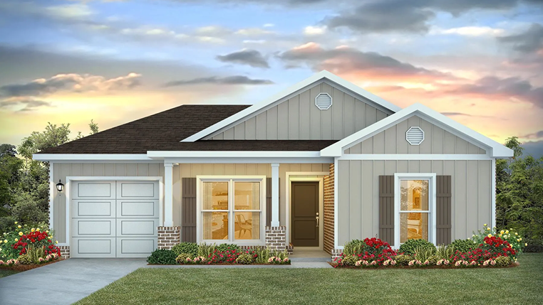Single-story home with brick, windows, garage and driveway featuring the Sullivan 9T4 plan.